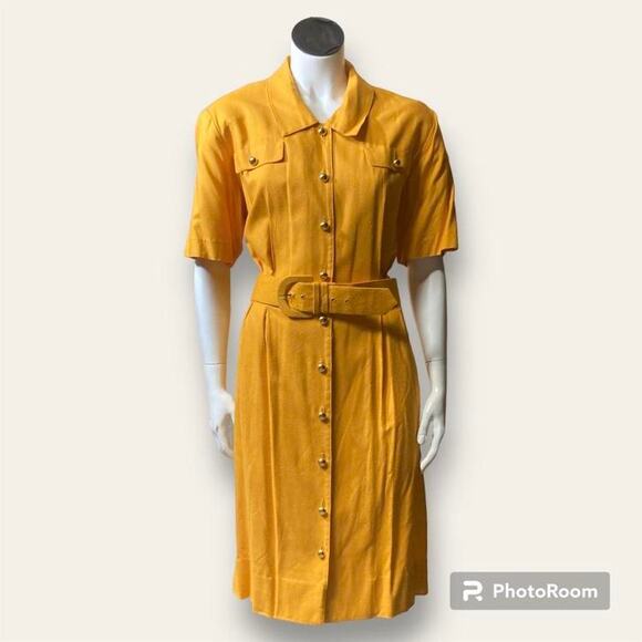 Vintage Yellow Button Down Belted Shirt Dress Size 10 100% silk - Picture 2 of 7